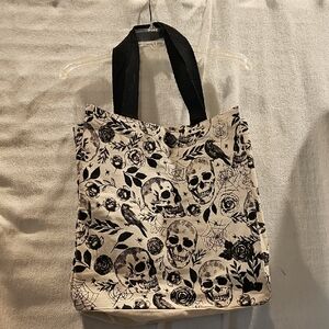 Canvas Tote Skulls Ravens Rosed Spiders Black And Cream Goth